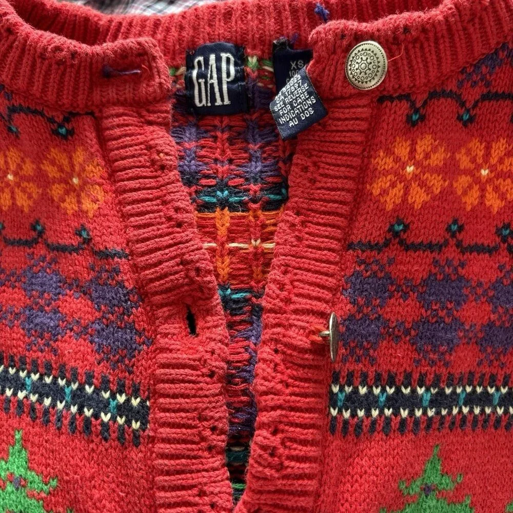 Vintage GAP Kids Fair Isle Cardigan Red Sweater XS Moose Tree Scandi 100% Cotton